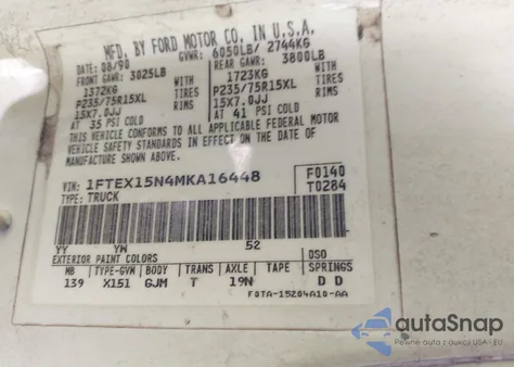 1991 Ford F150 z USA, uszkodzony, nr VIN 1FTEX15N4MKA16448